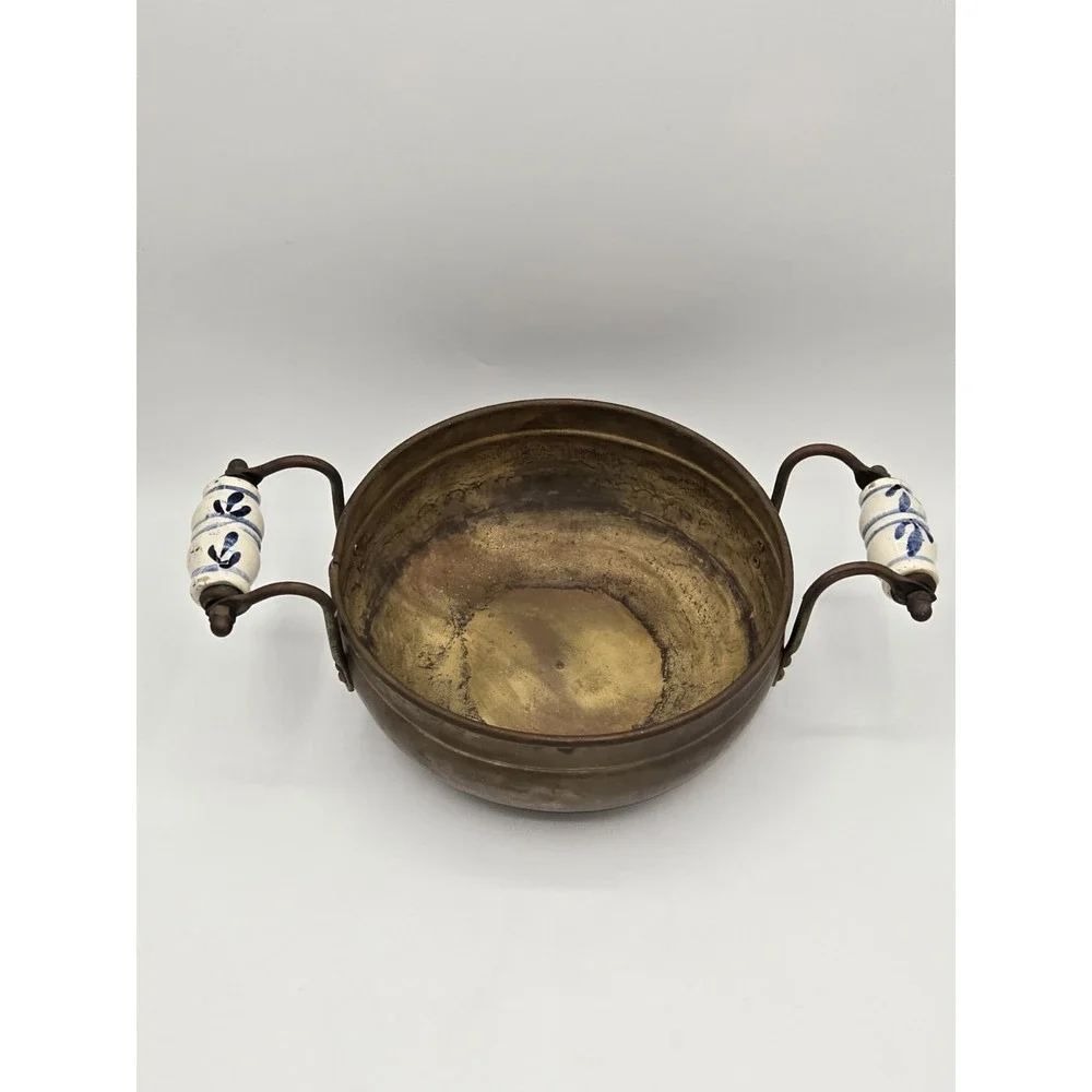 Holland Copper Bowl Pan Ceramic‎ Handles Rustic Farmhouse Serving Dish 10.5